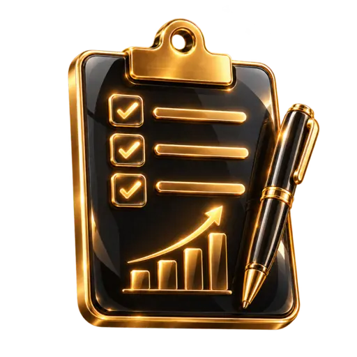 Black and gold 3D clipboard icon for the AI Business Plan Generator
