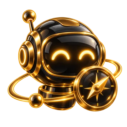 Black and gold 3D robot and compass icon for AI Copilots