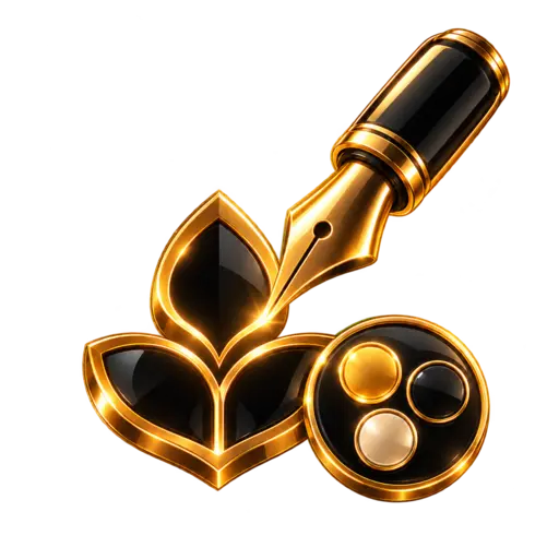 Black and gold 3D pen and emblem icon for the AI Logo Designer