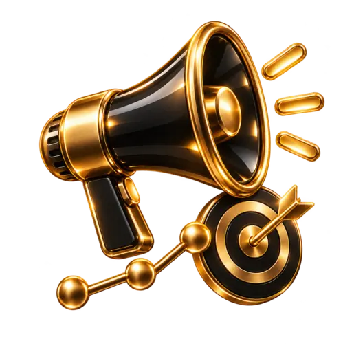 Black and gold 3D megaphone and target icon for the AI Marketing Plan Generator