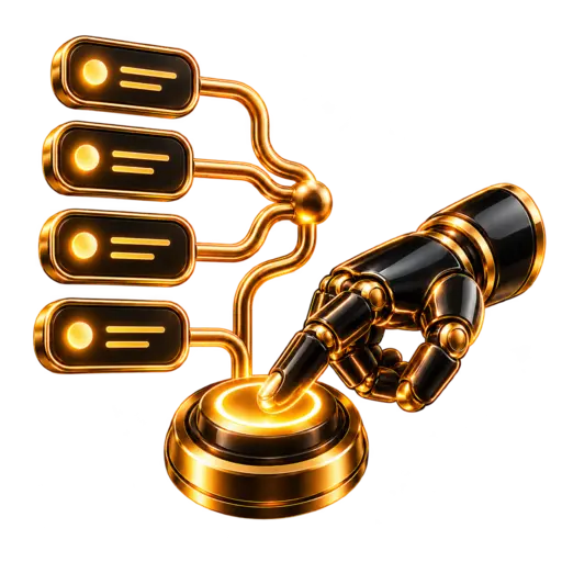 Black and gold 3D automated workflow and robotic hand icon for Automation Lab