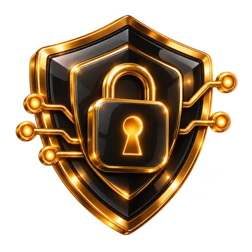 Black and gold 3D shield and padlock icon for Cybersecurity