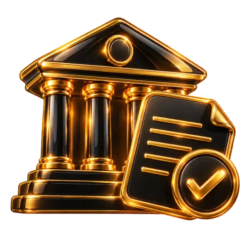 Black and gold 3D courthouse and approved document icon for Legal and Formation