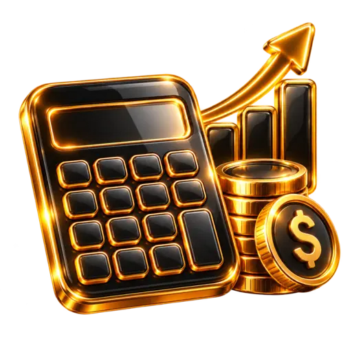 Black and gold 3D calculator, coins, and chart icon for Money and Accounting