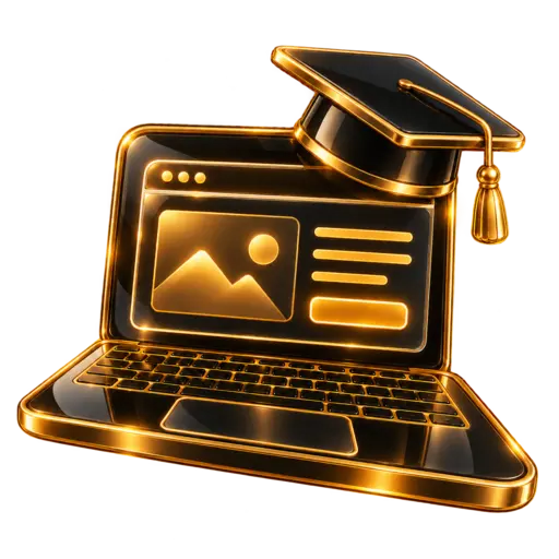 Black and gold 3D laptop and graduation cap icon for Website Academy